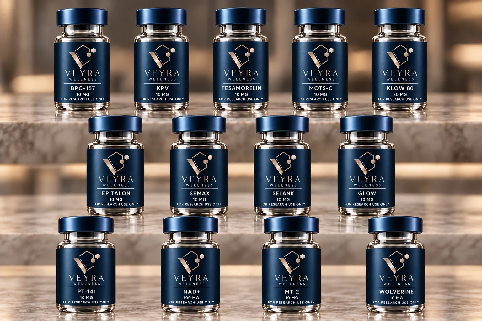 Veyra Peptides research vial lineup